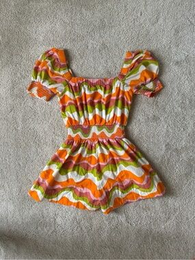 Elizabeth James Orange Pink Green Wavy Smocked Romper -
